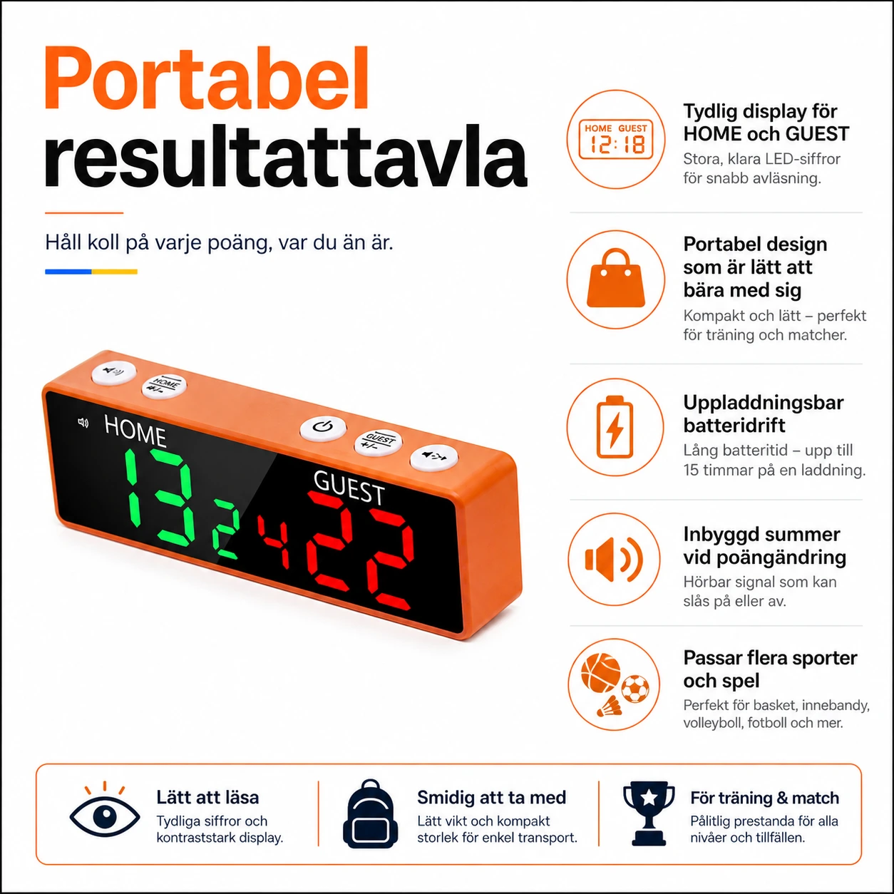 Portabel resultattavla för sport med summer och batteridrift