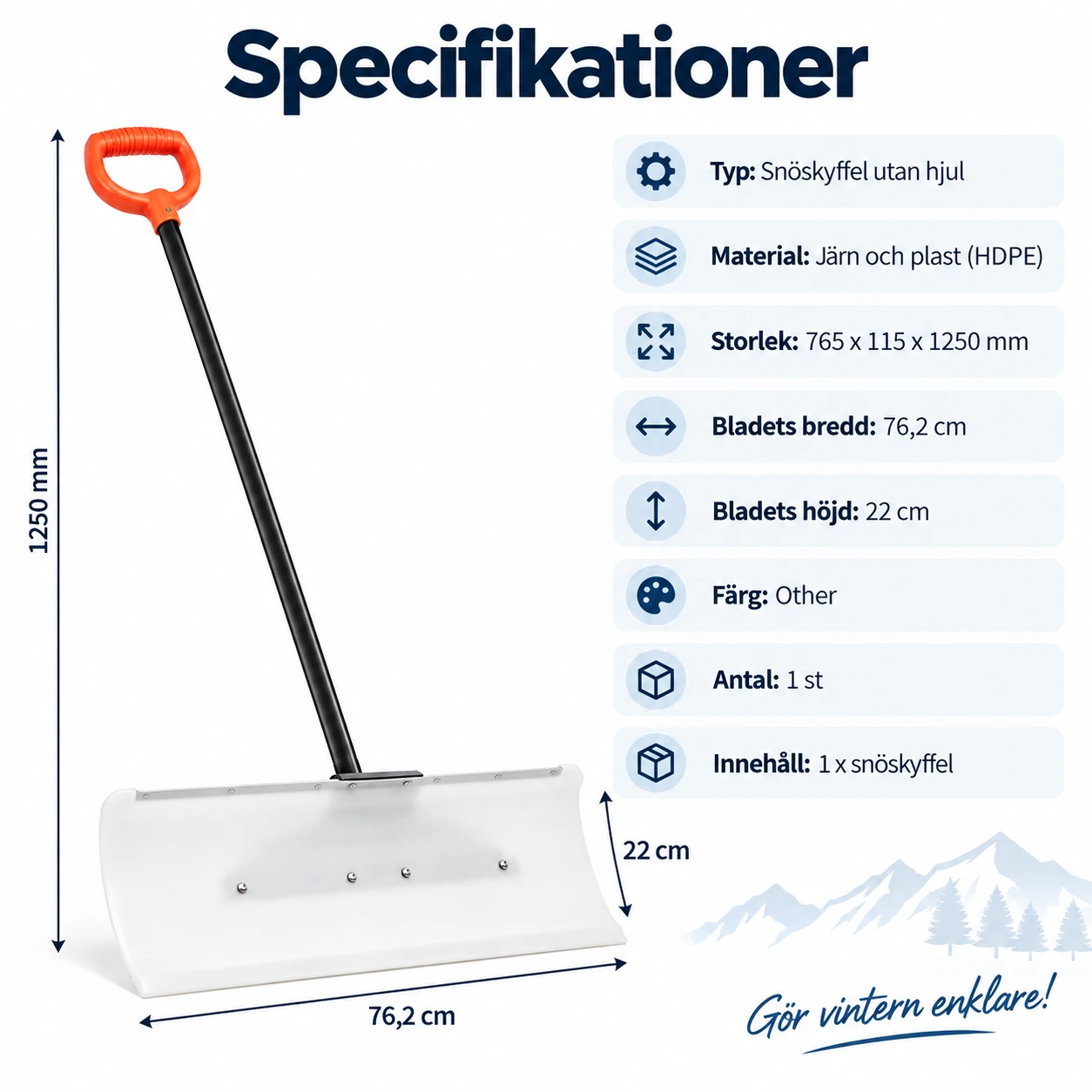 Snöskyffel för gångar och uppfart, 76 cm blad