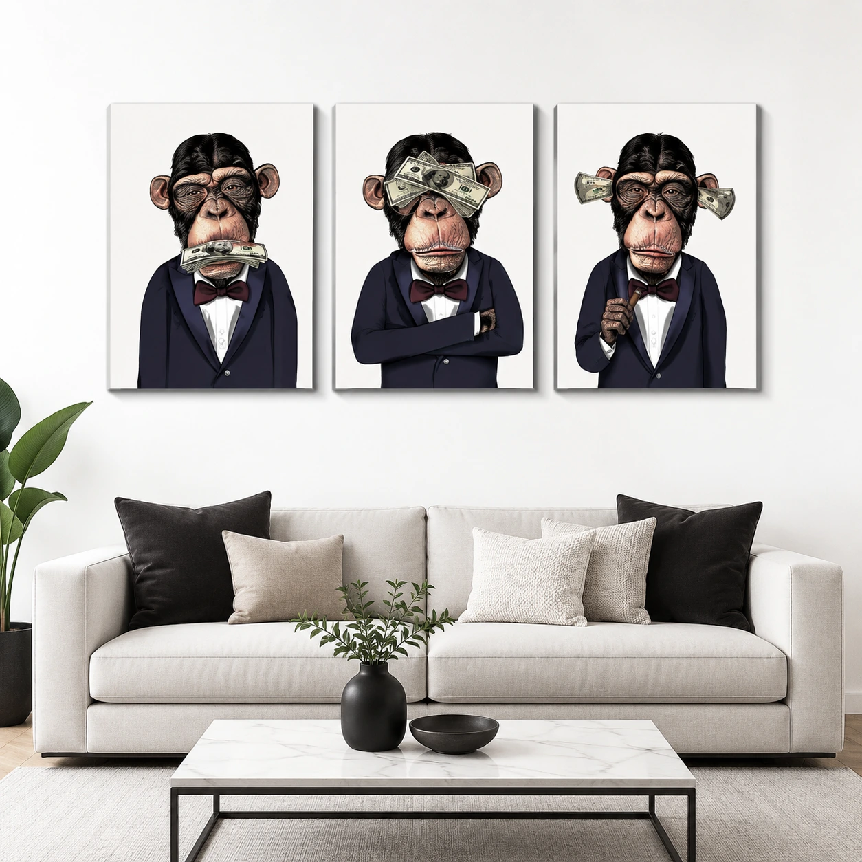 Apor Canvas Tavlor 3-pack – Ramlös Väggdekoration