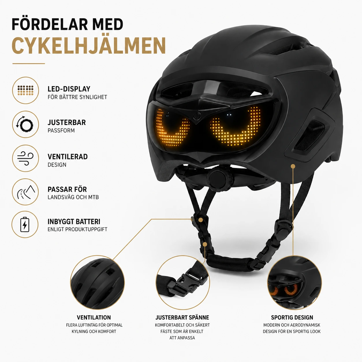 Cykelhjälm med LED-display för landsväg och mountainbike