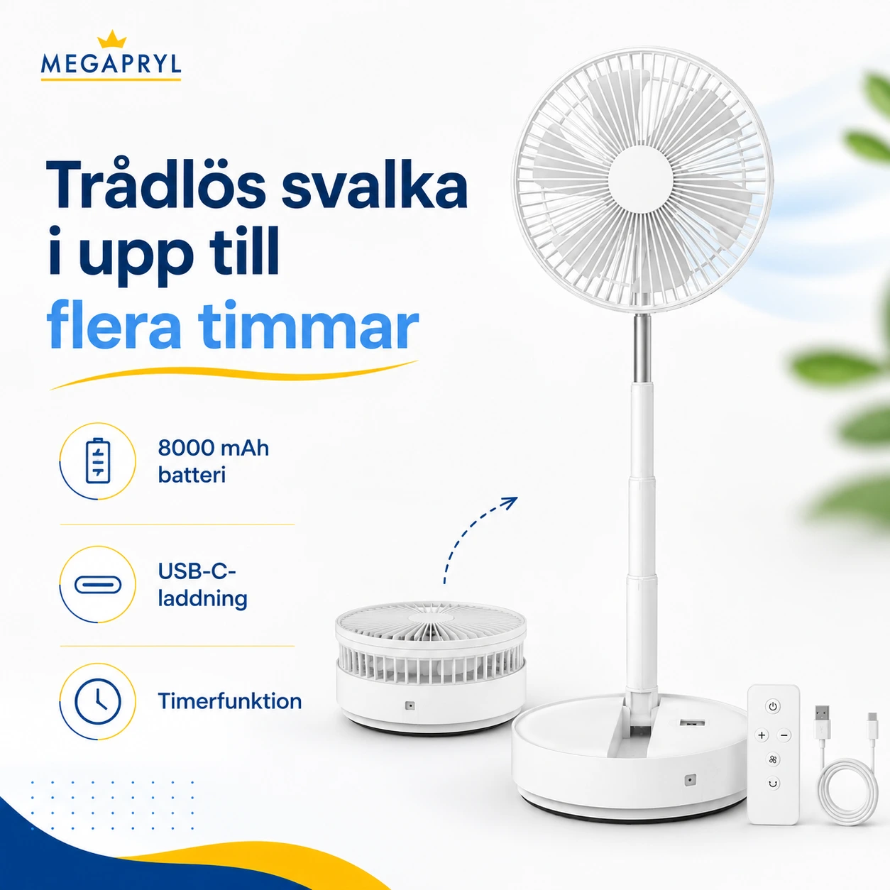 Vikbar Uppladdningsbar Golvfläkt med Fjärrkontroll