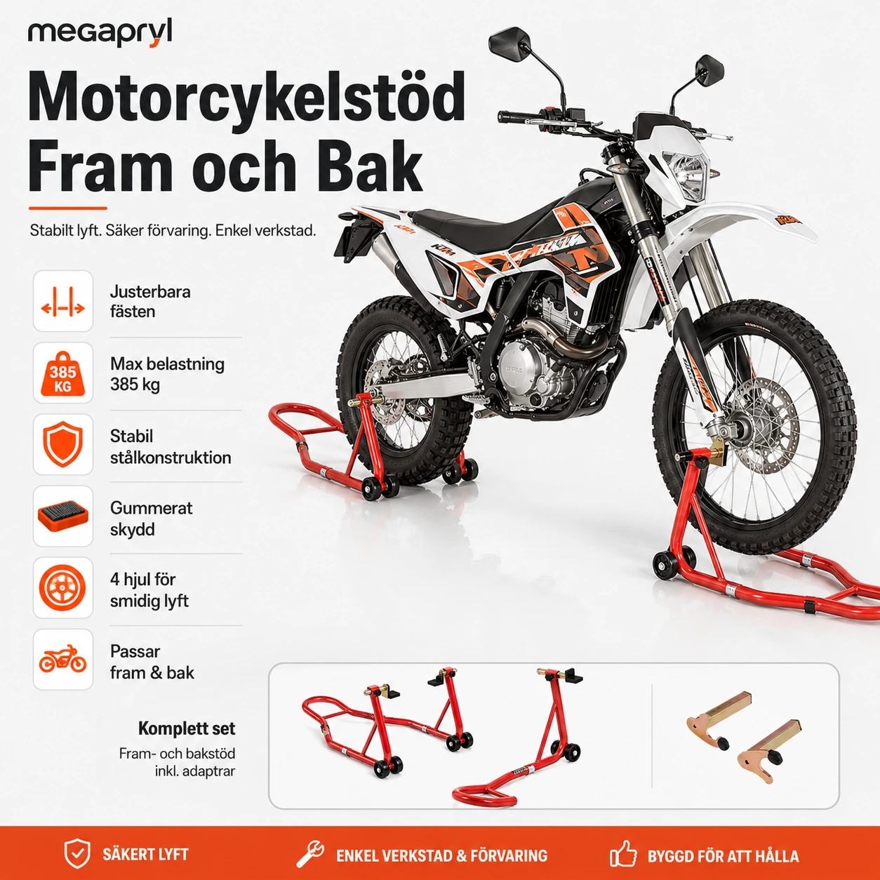 Motorcykelstöd Fram och Bak 385 kg Justerbart