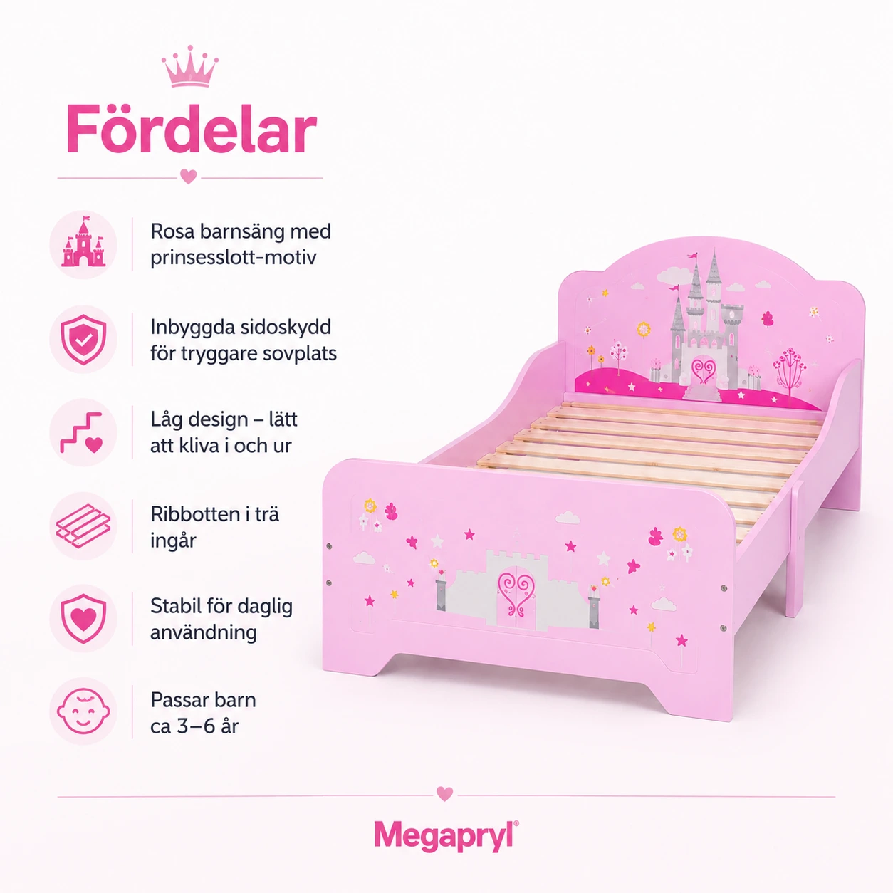Barnsäng Rosa med Prinsesslott och Sidoskydd