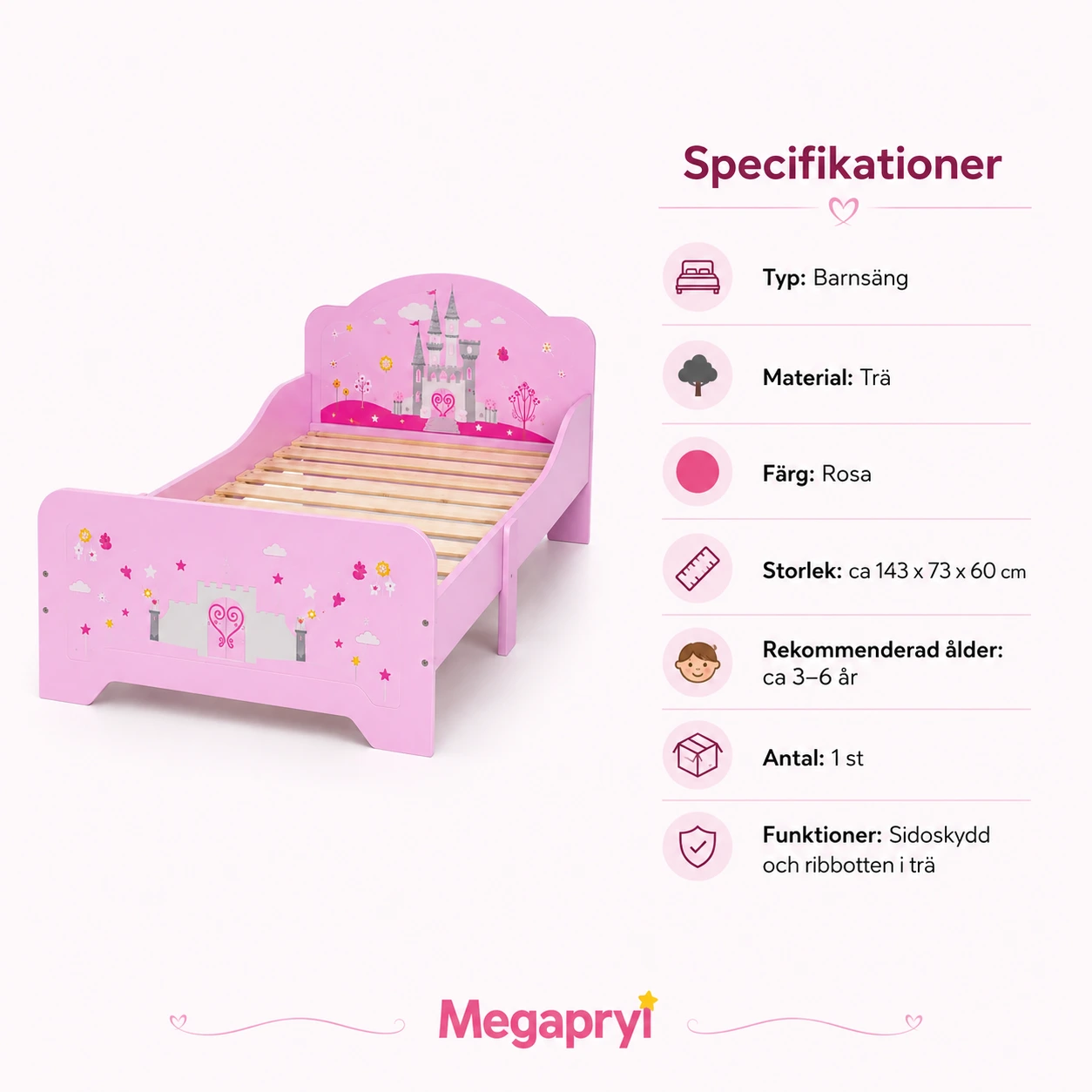 Barnsäng Rosa med Prinsesslott och Sidoskydd