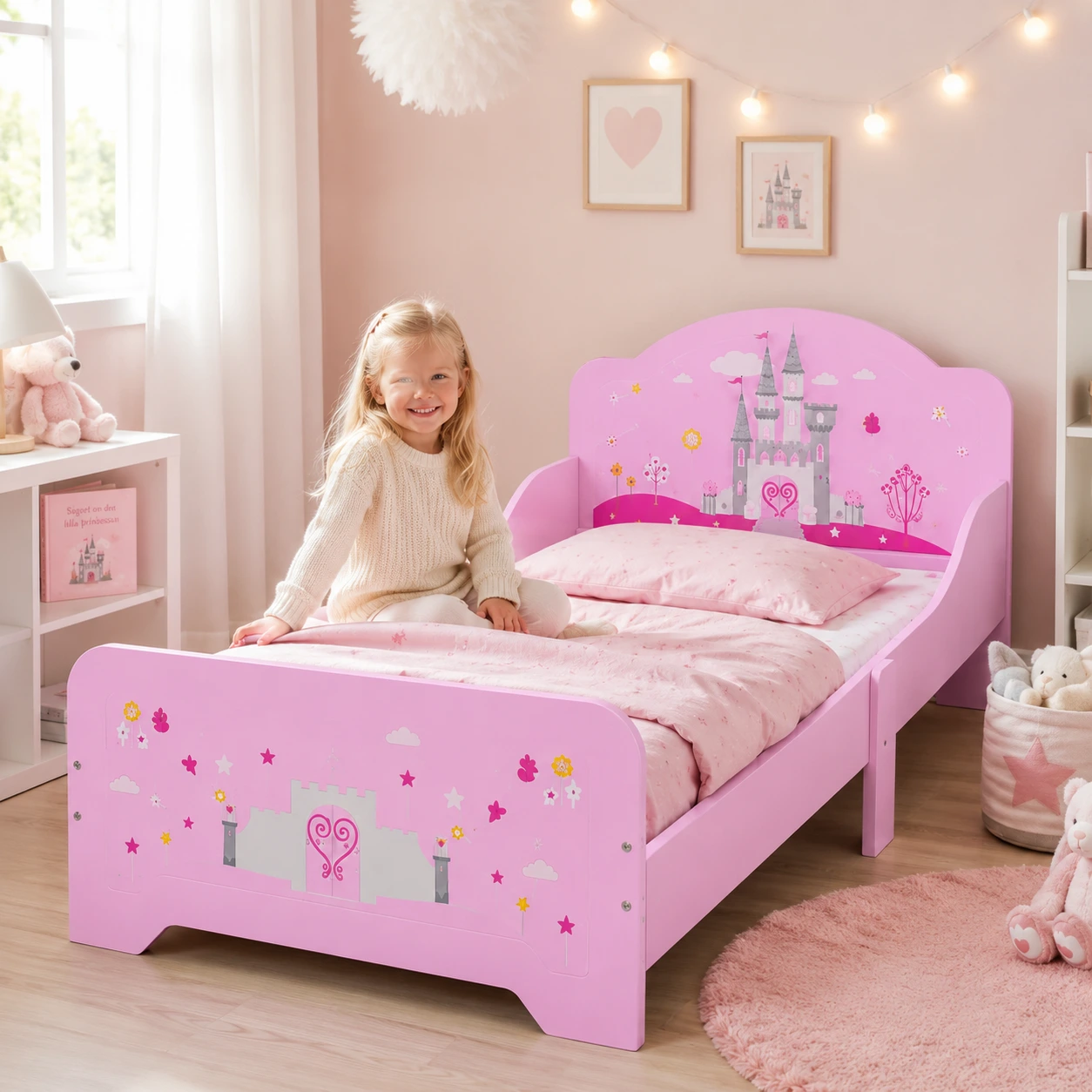 Barnsäng Rosa med Prinsesslott och Sidoskydd