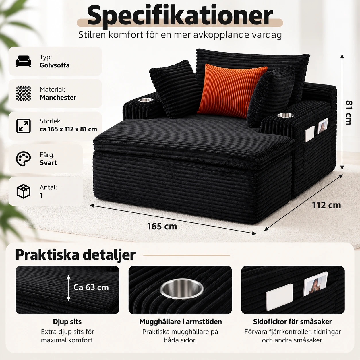 Golvsoffa med djup sits och förvaring