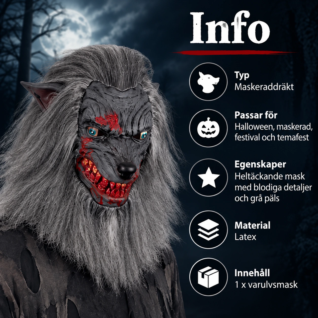 Mask varulv i latex med grå päls