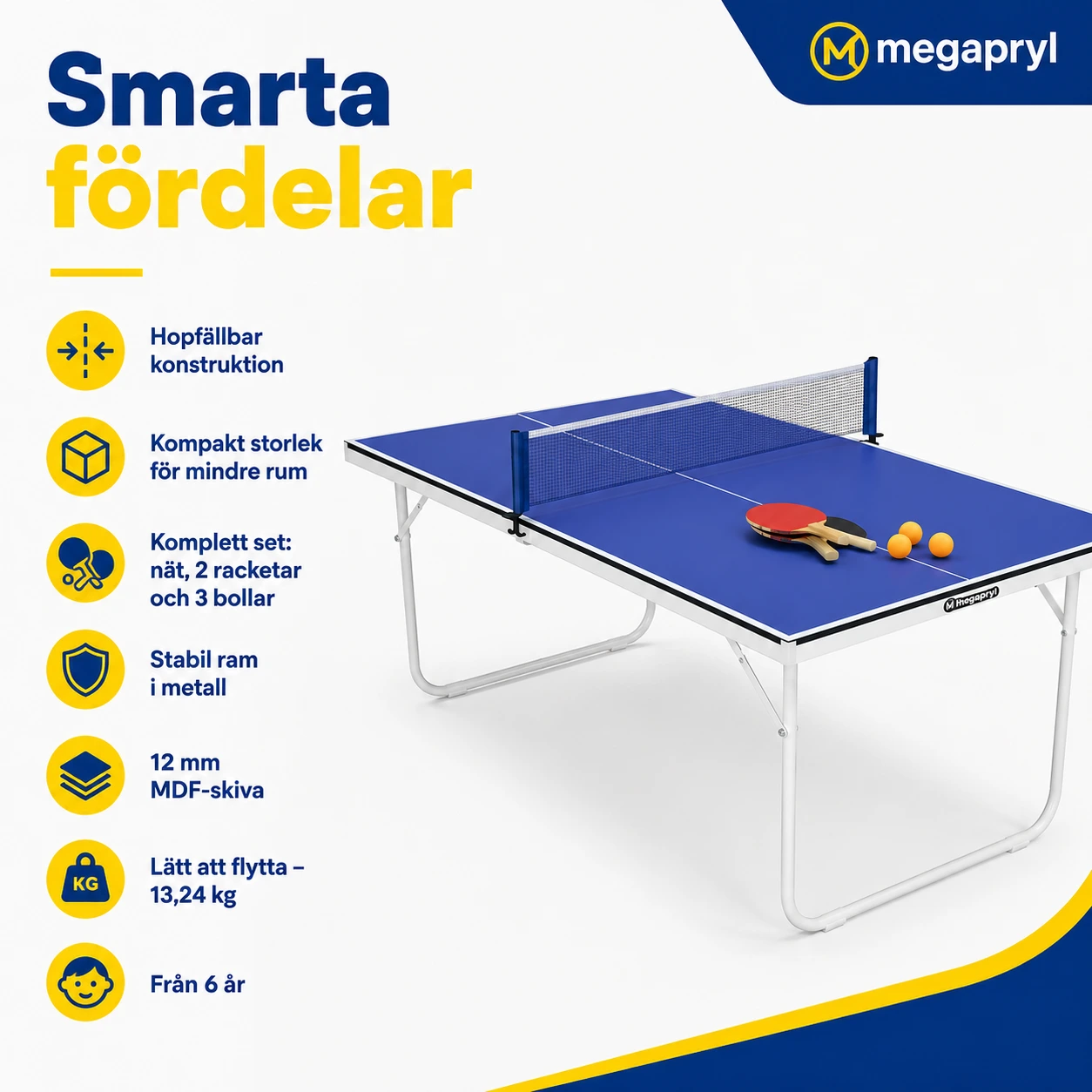 Hopfällbart Pingisbord för Barn och Ungdom med Nät, Racketar och Bollar