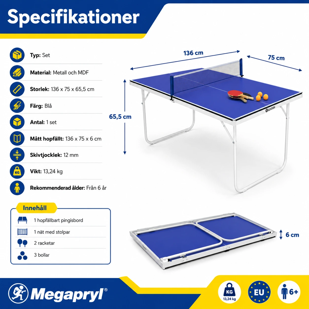Hopfällbart Pingisbord för Barn och Ungdom med Nät, Racketar och Bollar