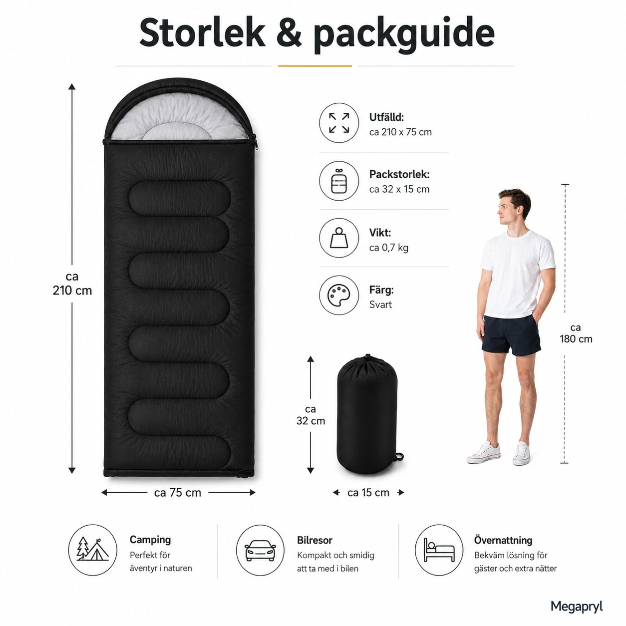 Sovsäck med Förvaringspåse för Camping – Svart