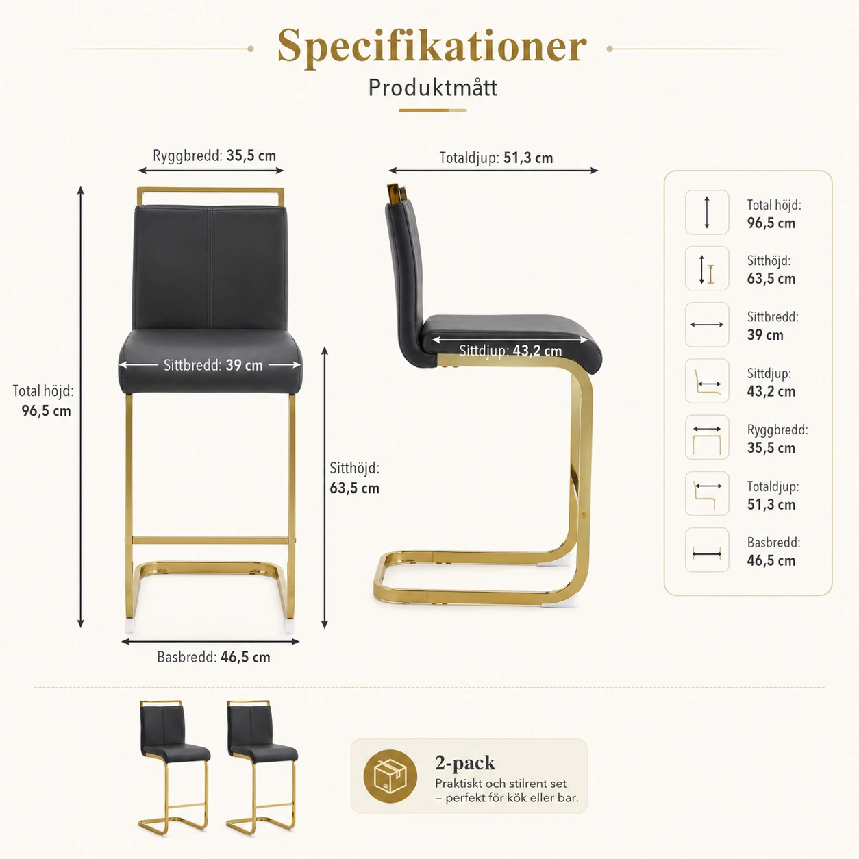 Barstolar 2-Pack Svarta med Guldben – Nordisk Stil