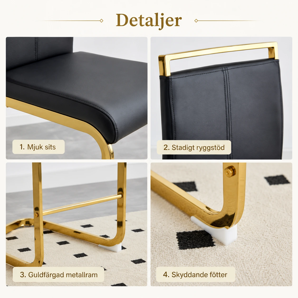 Barstolar 2-Pack Svarta med Guldben – Nordisk Stil