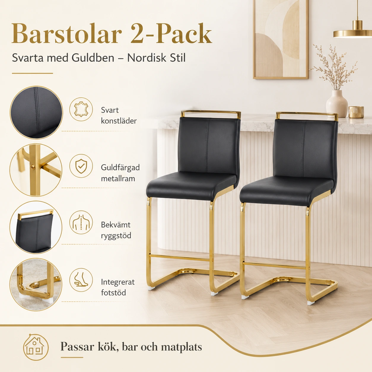 Barstolar 2-Pack Svarta med Guldben – Nordisk Stil