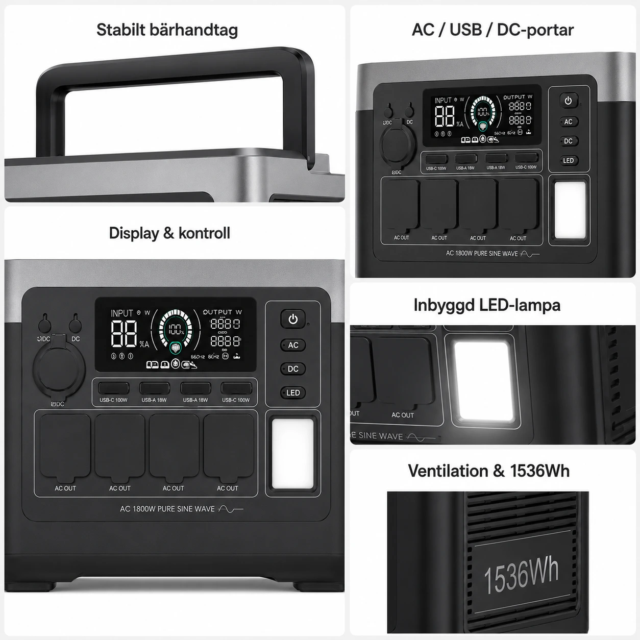 Kraftstation 1800W 1536Wh med Snabbladdning och UPS