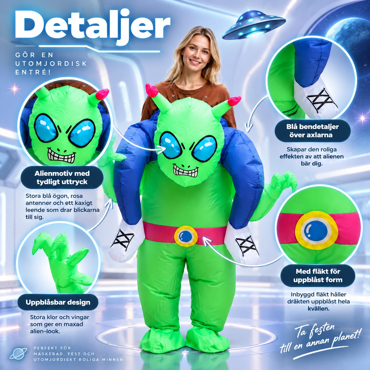 Maskeraddräkt vuxen alien med fläkt uppblåsbar