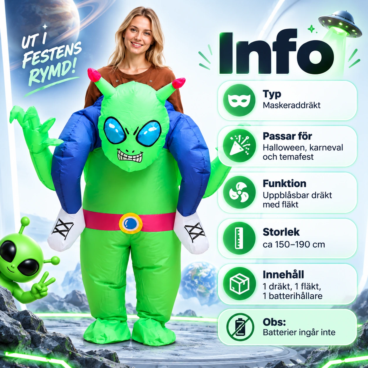 Maskeraddräkt vuxen alien med fläkt uppblåsbar