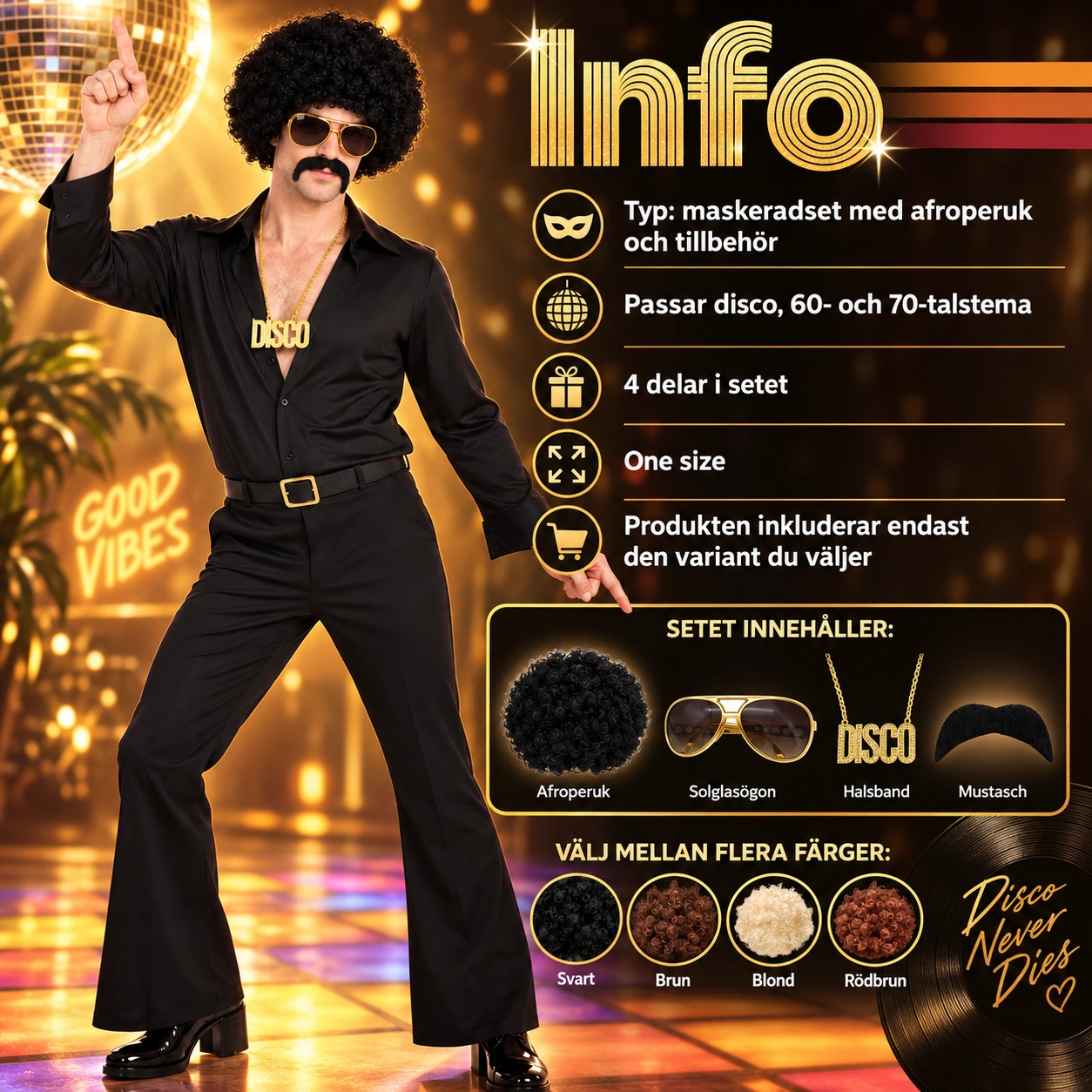 Afro perukset för maskerad med solglasögon och halsband
