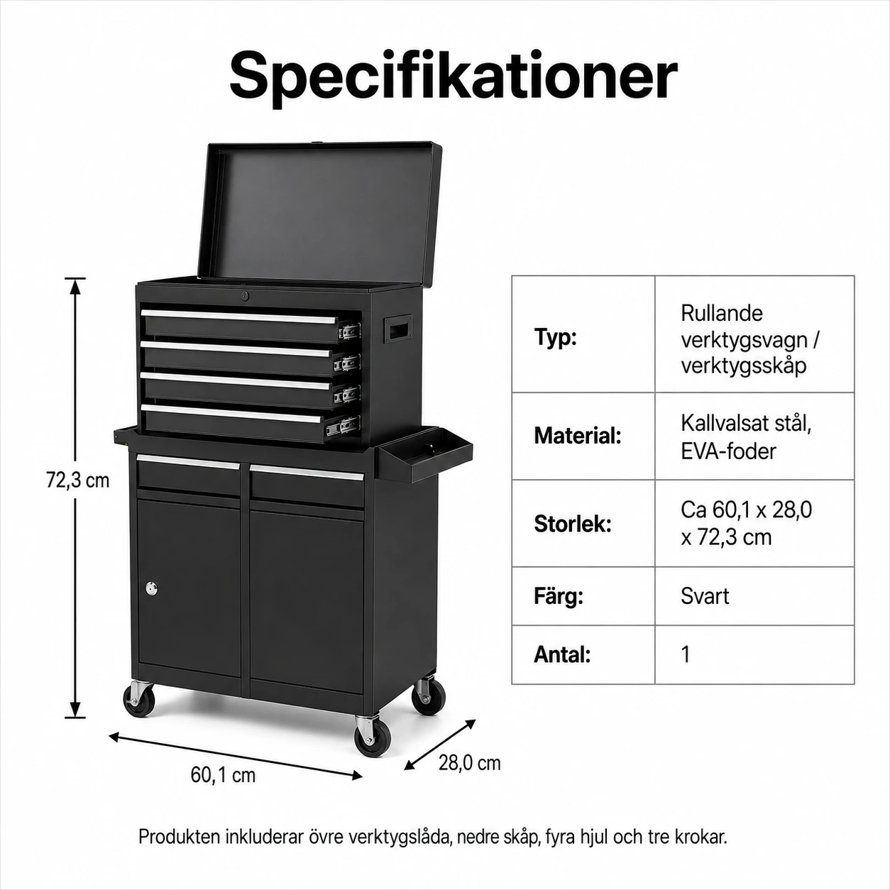 Rullande verktygsvagn med lådor och låsbart skåp