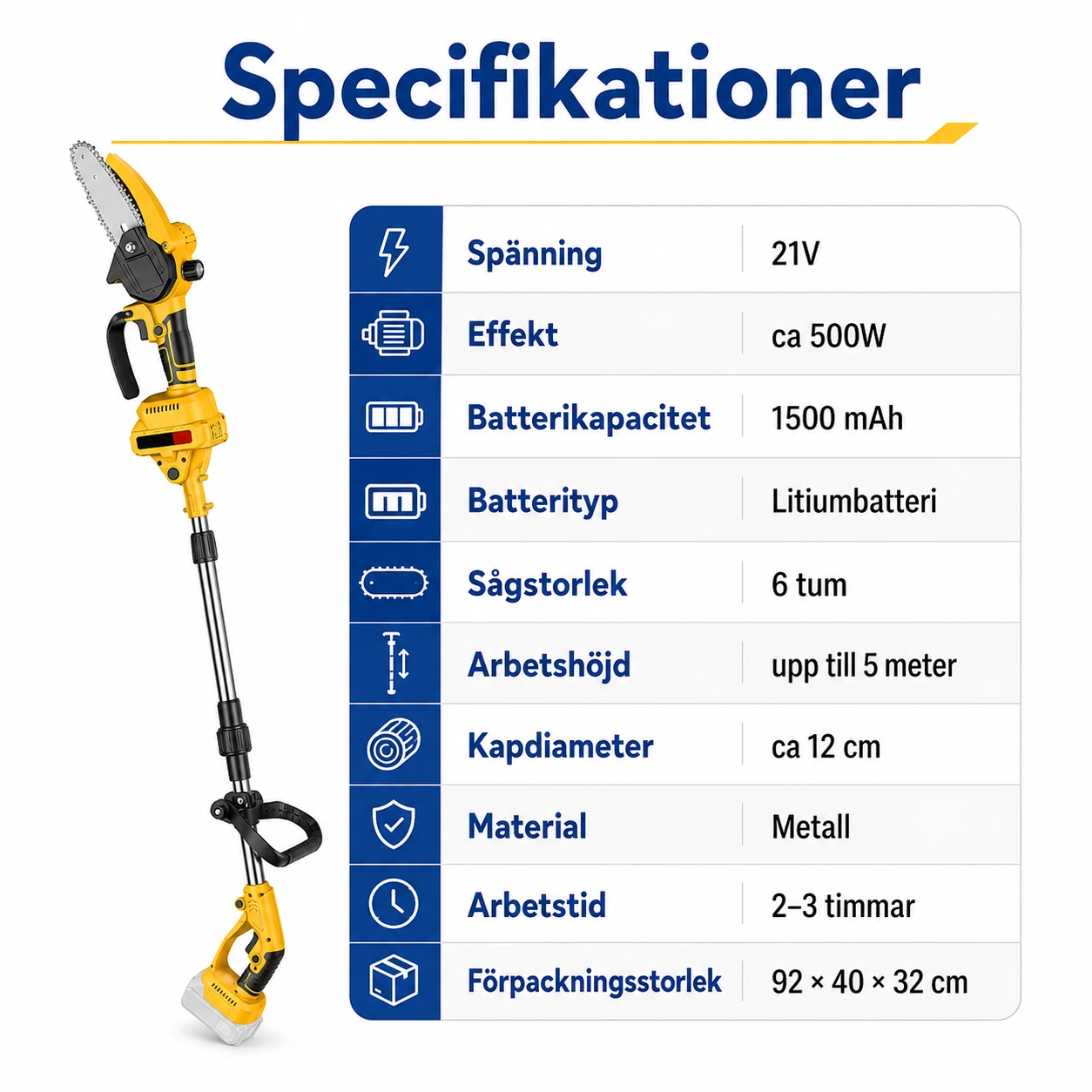 Batteridriven Stångsåg 2-i-1 med Teleskopskaft
