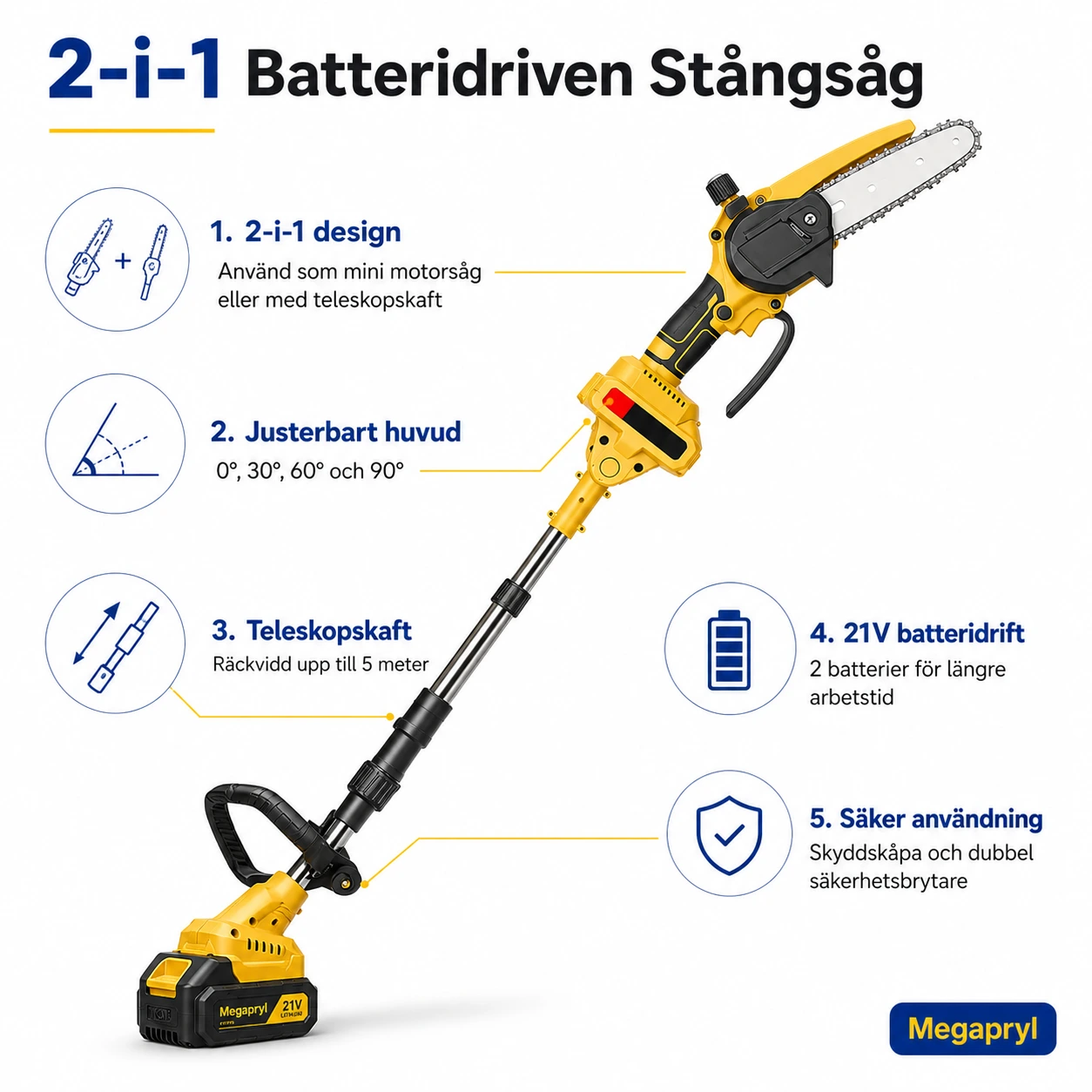 Batteridriven Stångsåg 2-i-1 med Teleskopskaft