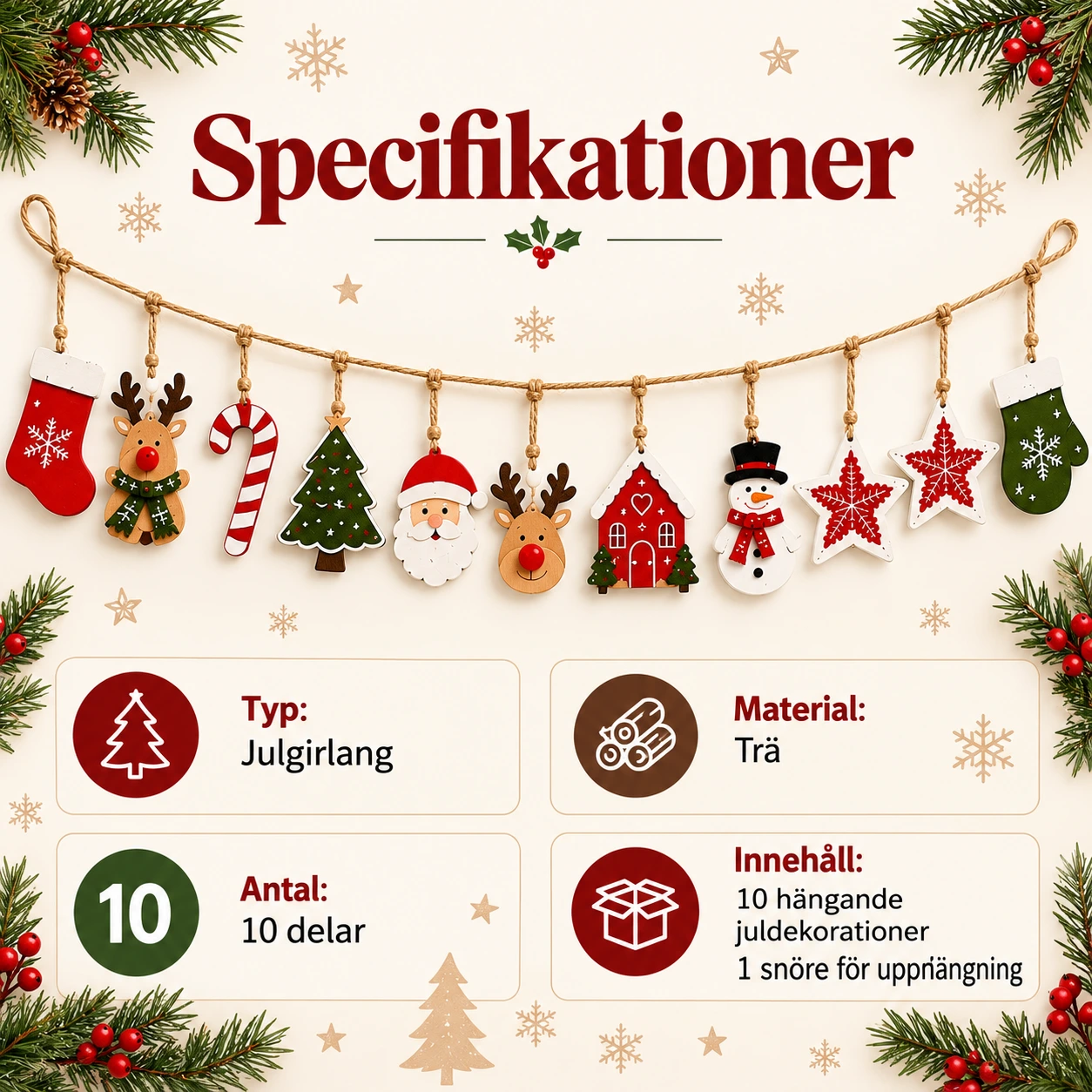 Julgirlang i trä med hängande figurer, 10 delar