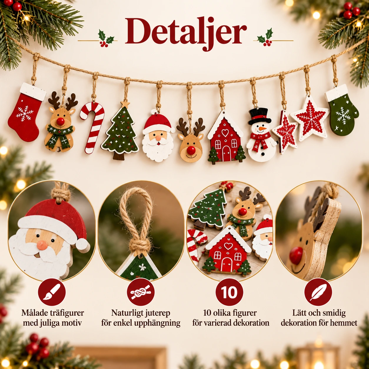 Julgirlang i trä med hängande figurer, 10 delar