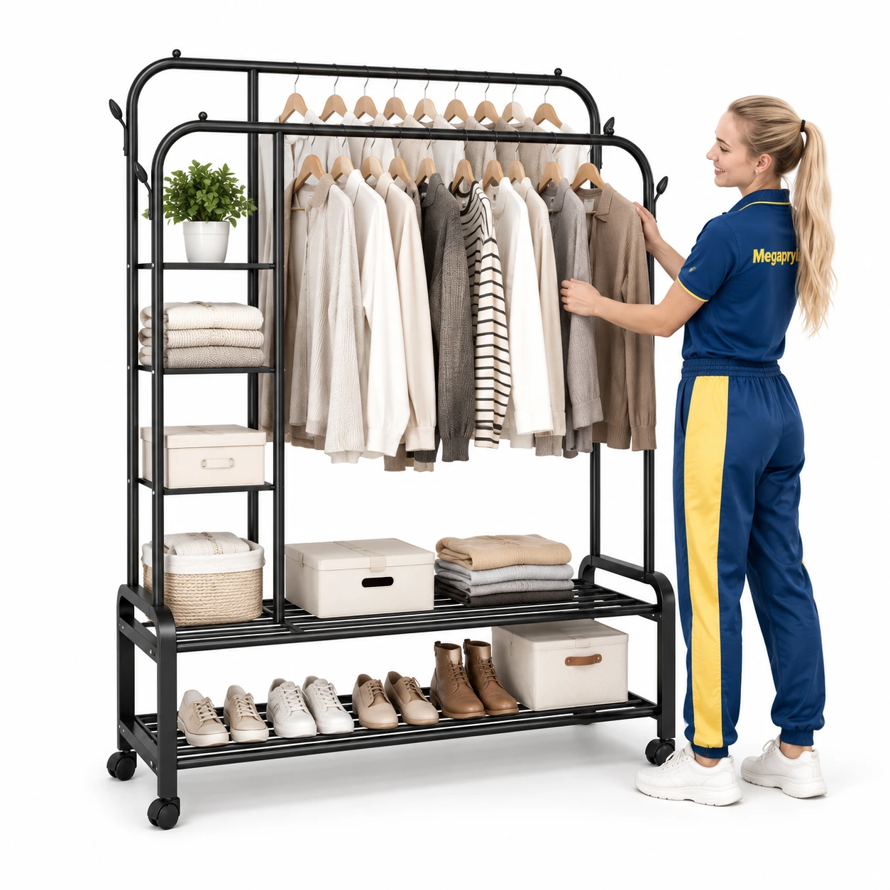 Klädställning med Hyllor och Hjul 130 cm – Svart