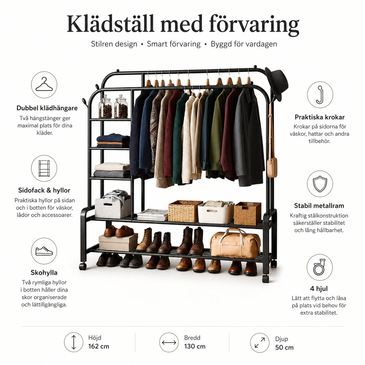 Klädställning med Hyllor och Hjul 130 cm – Svart