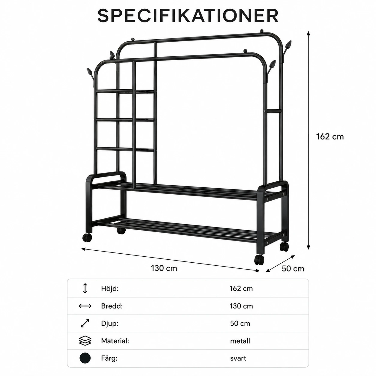 Klädställning med Hyllor och Hjul 130 cm – Svart