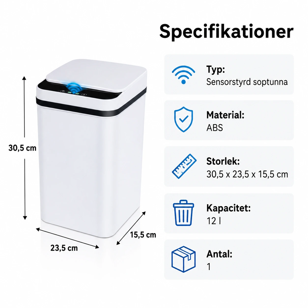 Sensorstyrd soptunna 12 l med lock för kök och badrum