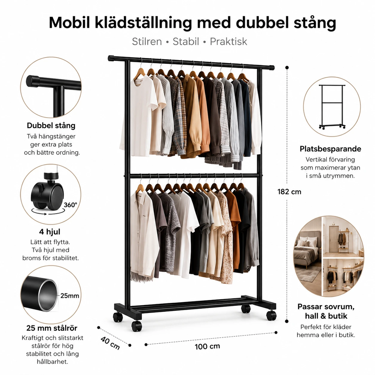 Klädställning med Dubbel Stång och Hjul 100/120 cm
