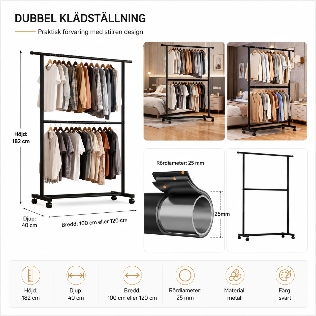 Klädställning med Dubbel Stång och Hjul 100/120 cm