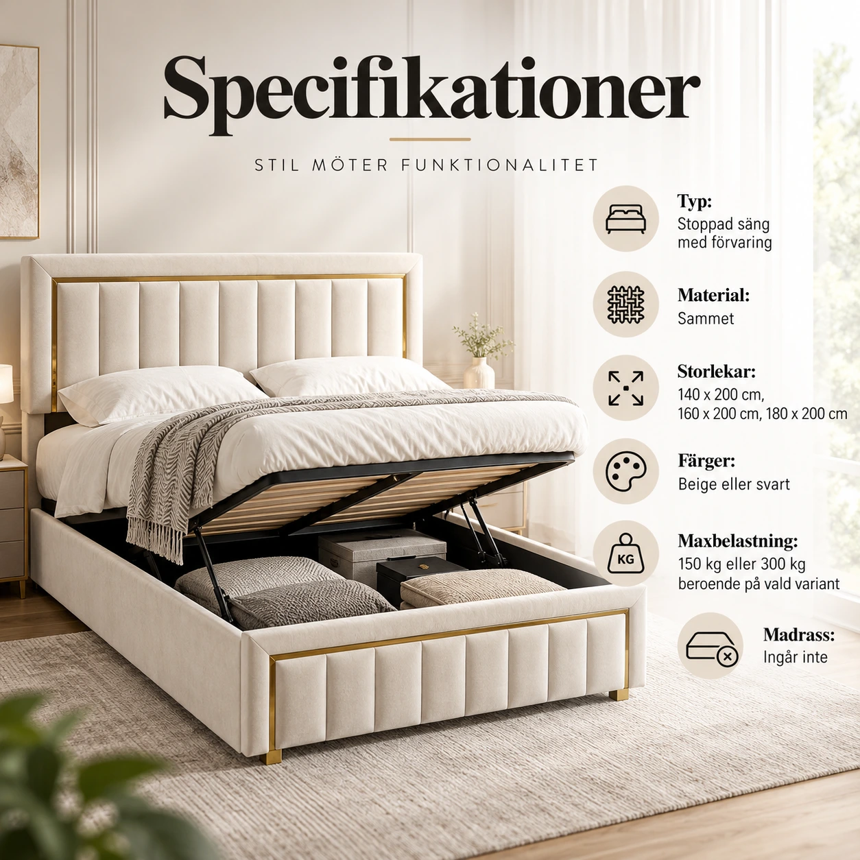 Säng med förvaring och stoppad sänggavel