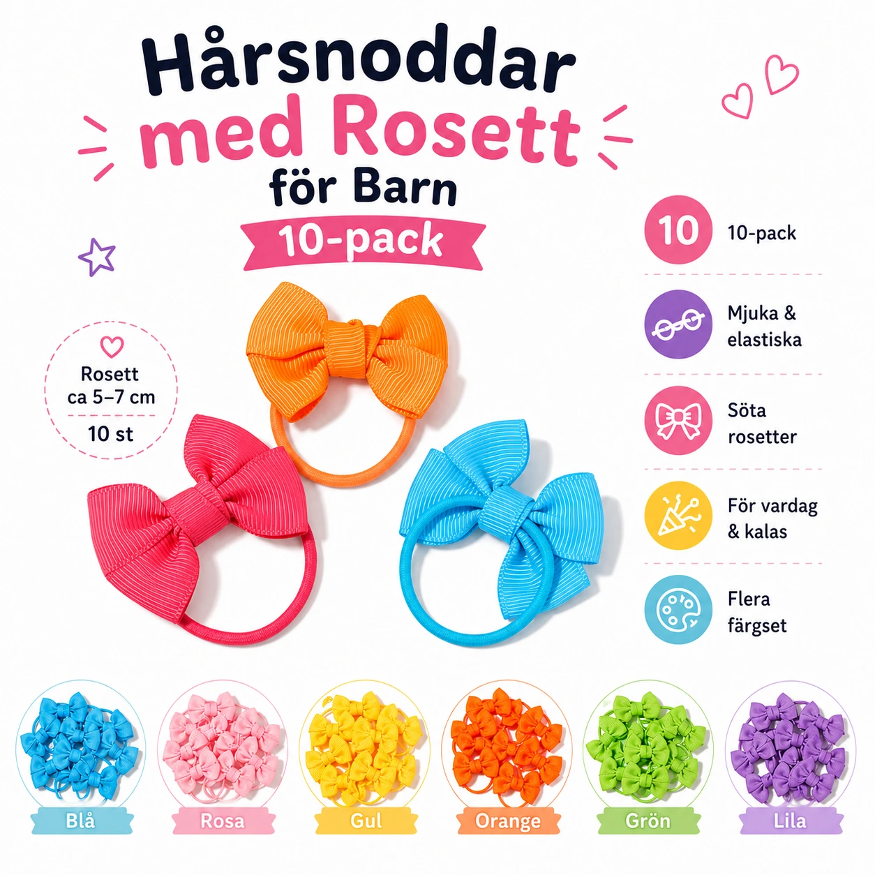 Hårsnoddar med Rosett för Barn 10-pack