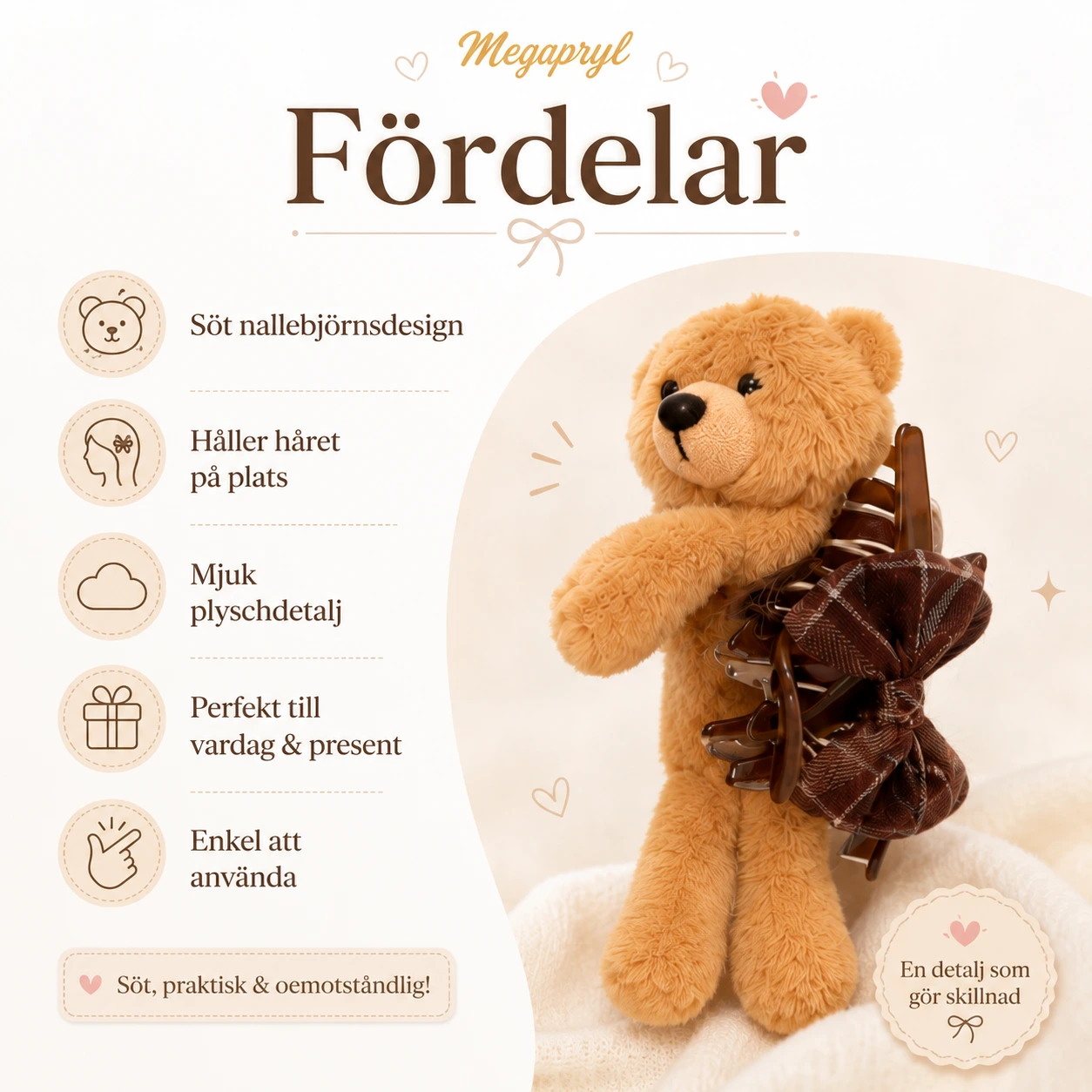 Nallebjörn Hårklämma med Rosett