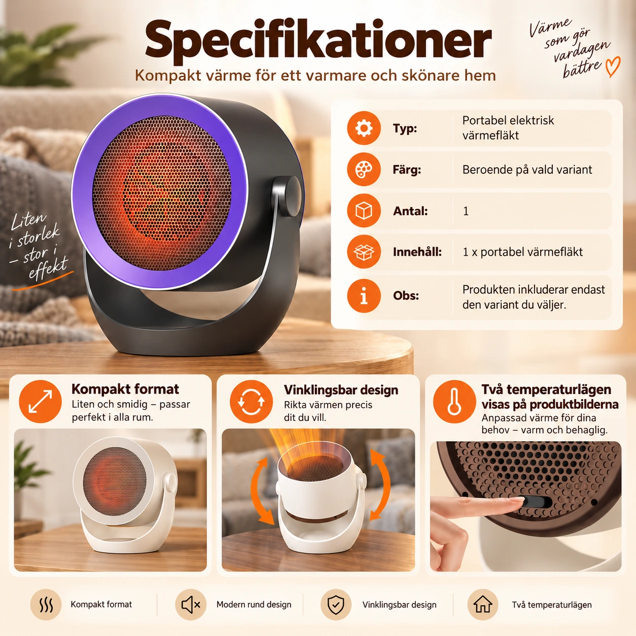 Mini värmefläkt för skrivbord och mindre utrymmen