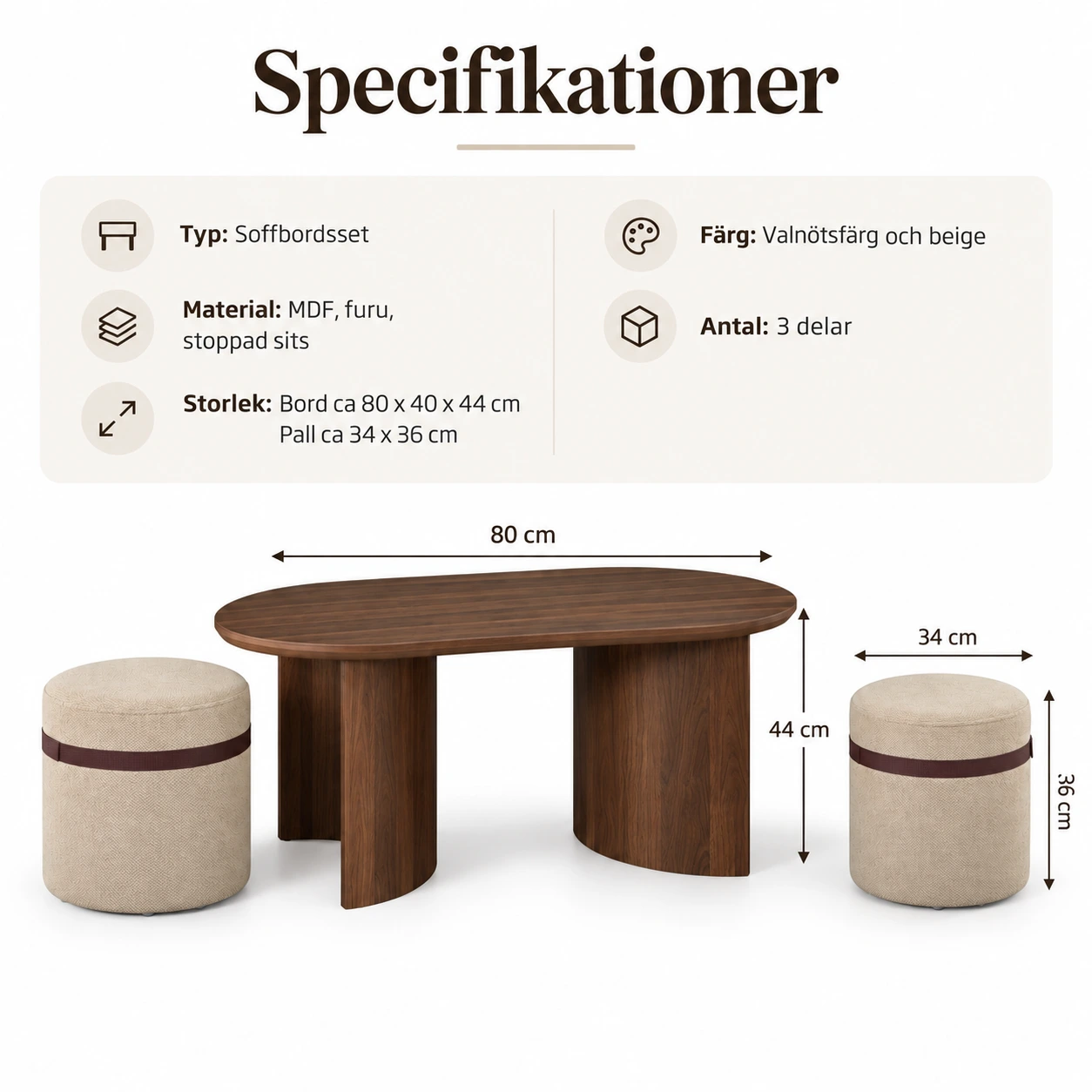 Soikea sohvapöytä ja kaksi rahia pähkinänsävyisinä