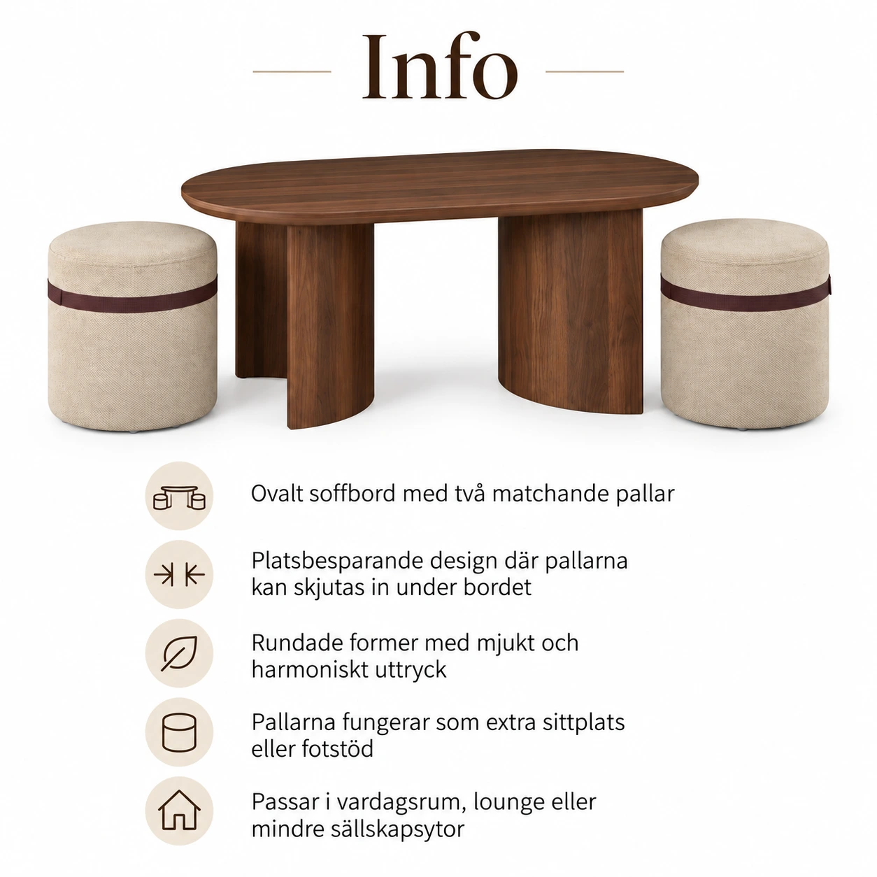 Soffbord med 2 pallar, oval modell i valnötsfärg