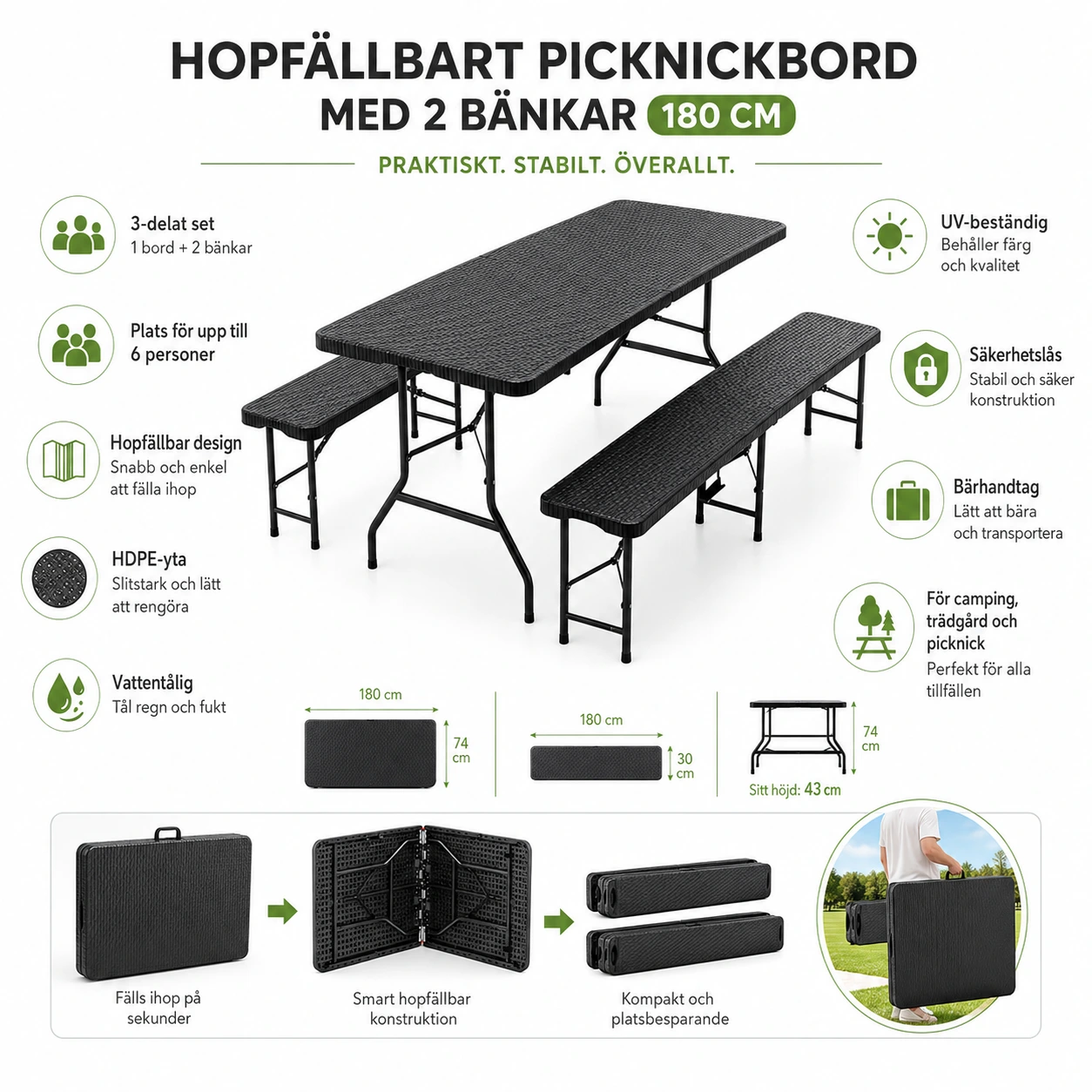 Hopfällbart Picknickbord med 2 Bänkar 180 cm