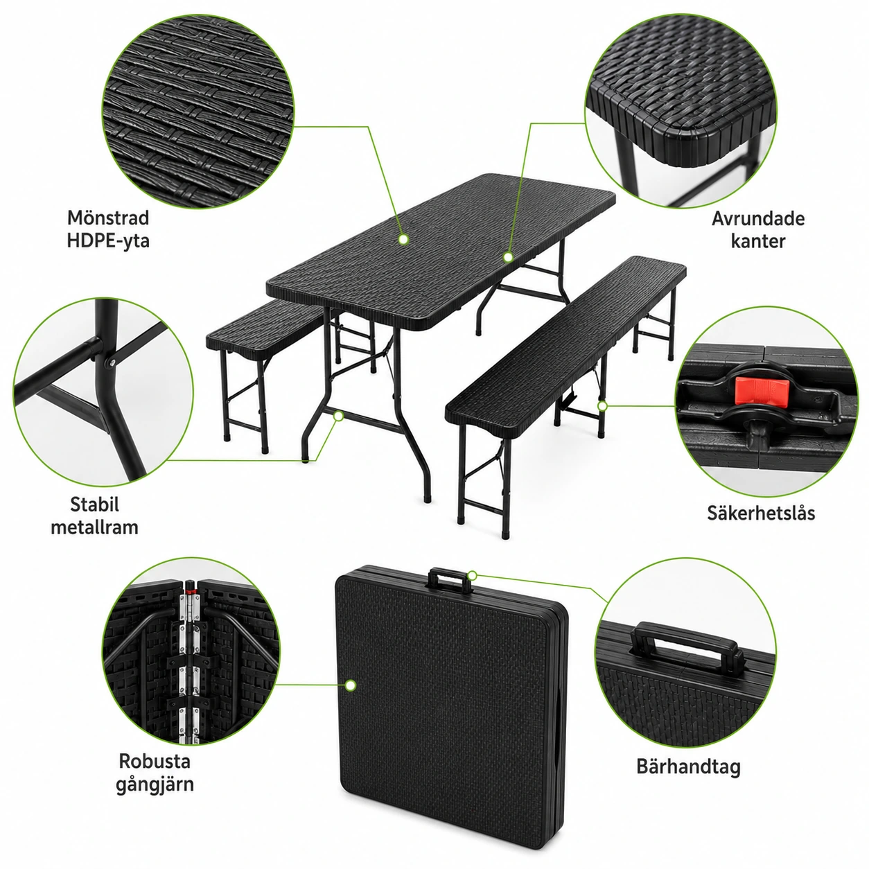 Hopfällbart Picknickbord med 2 Bänkar 180 cm