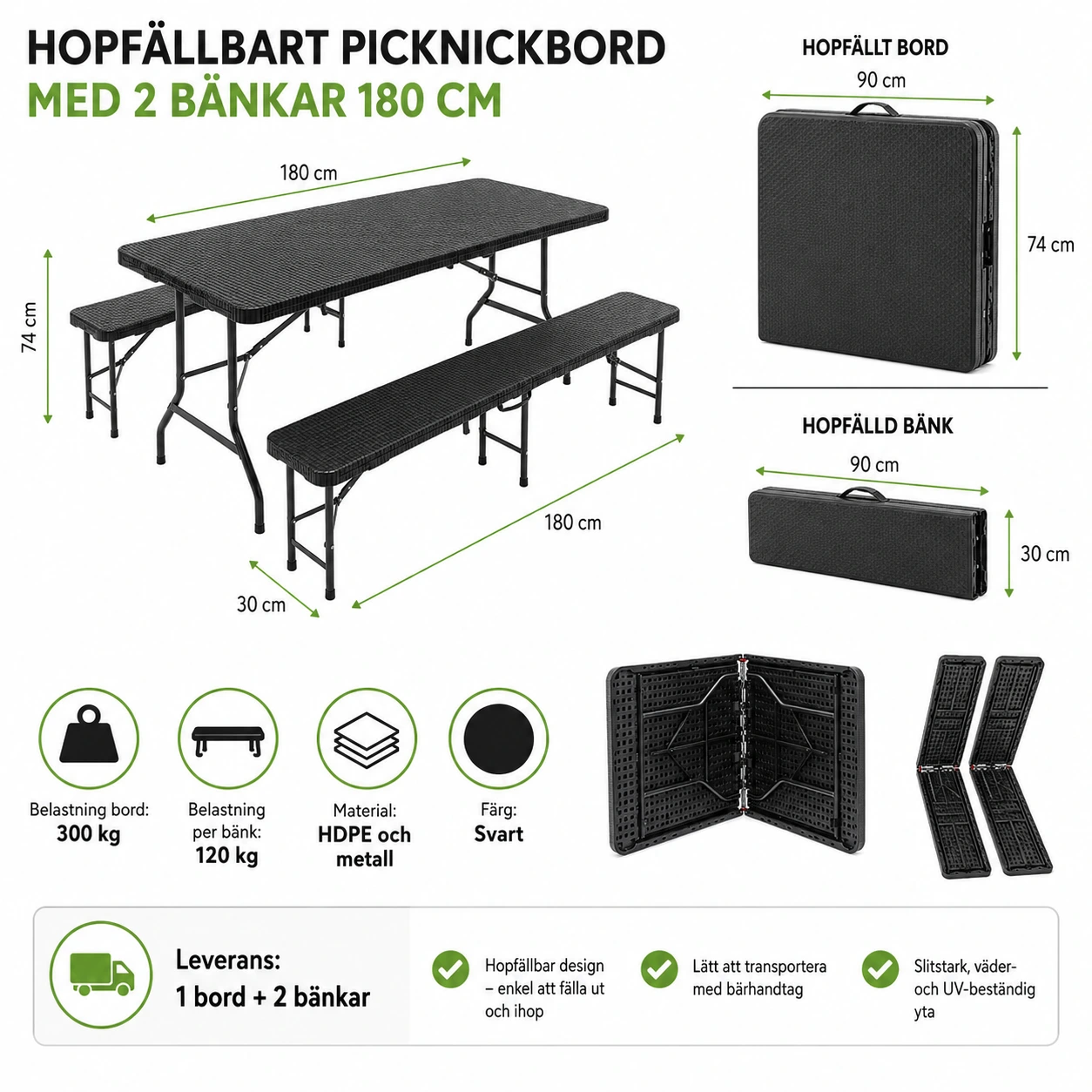 Hopfällbart Picknickbord med 2 Bänkar 180 cm