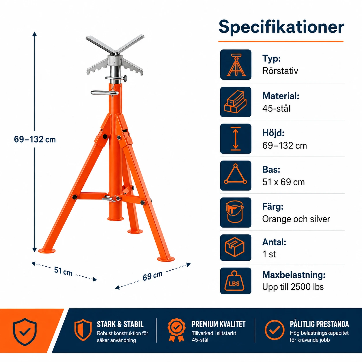 Rörstativ med V-huvud och justerbar höjd 69–132 cm