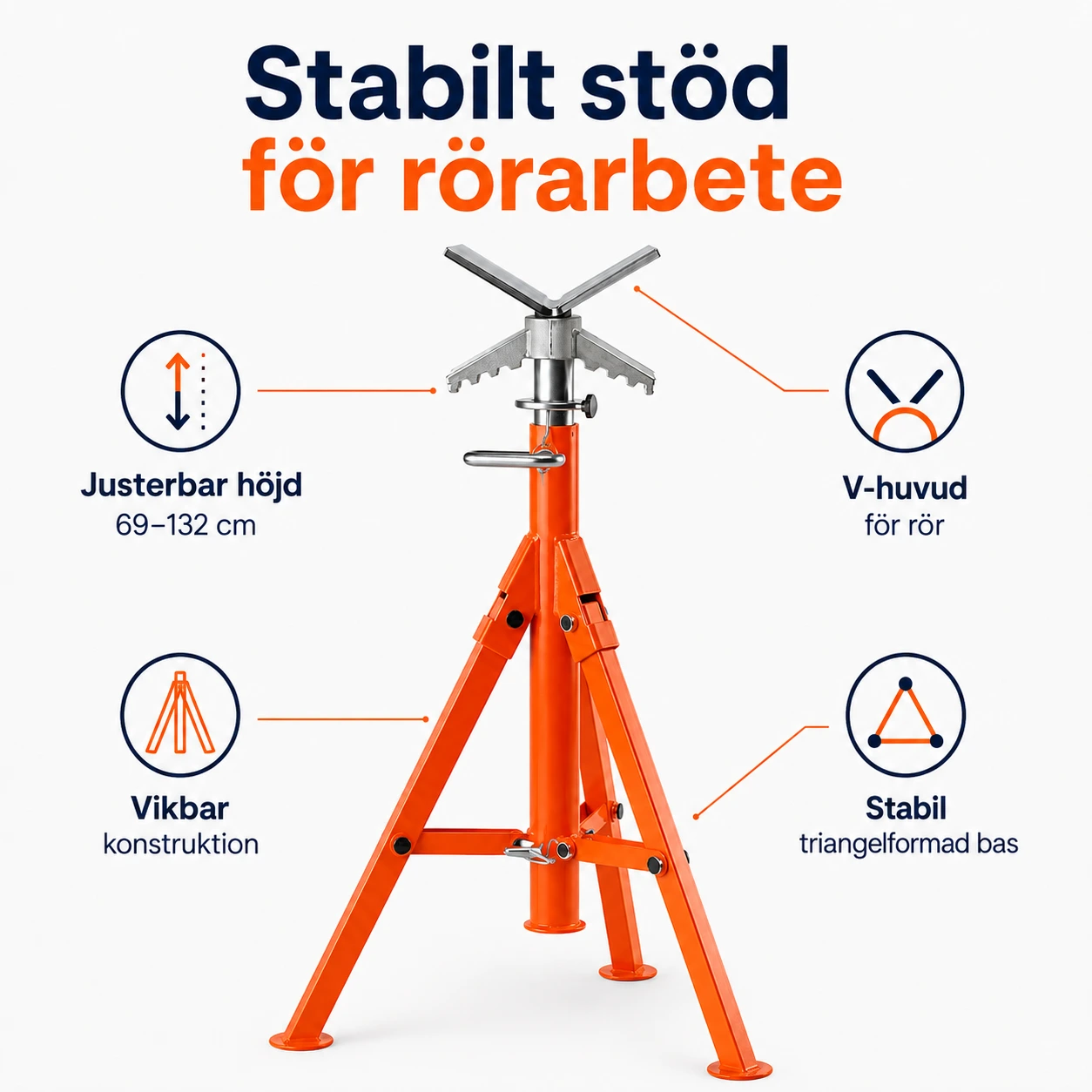 Rörstativ med V-huvud och justerbar höjd 69–132 cm