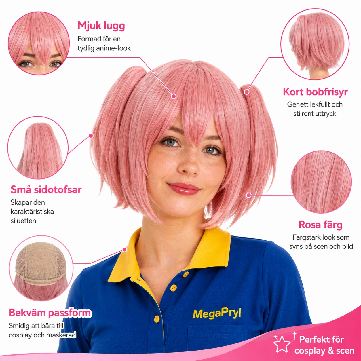 Cosplayperuk i rosa för anime och maskerad