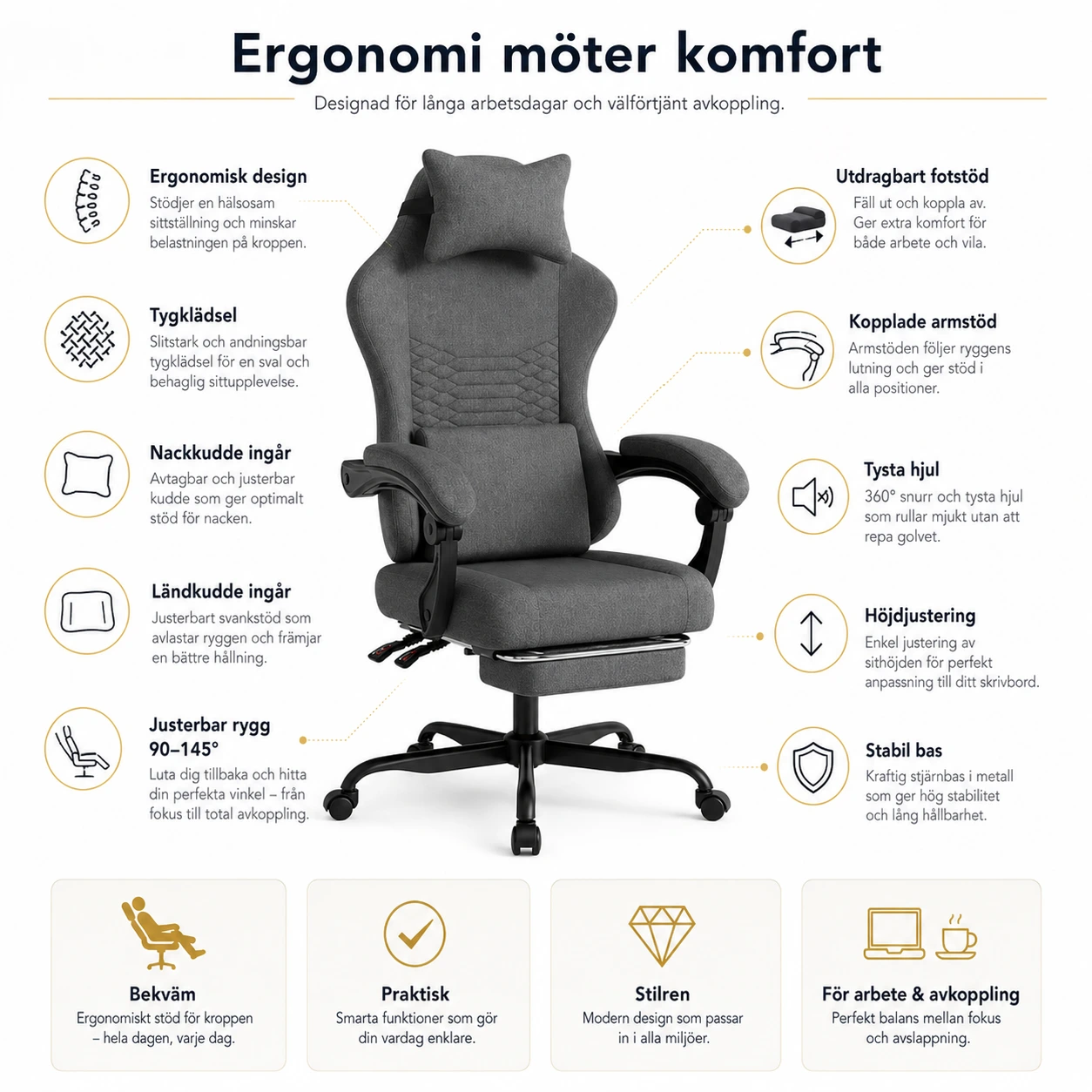 Ergonomisk Datorstol i Tyg med Fotstöd