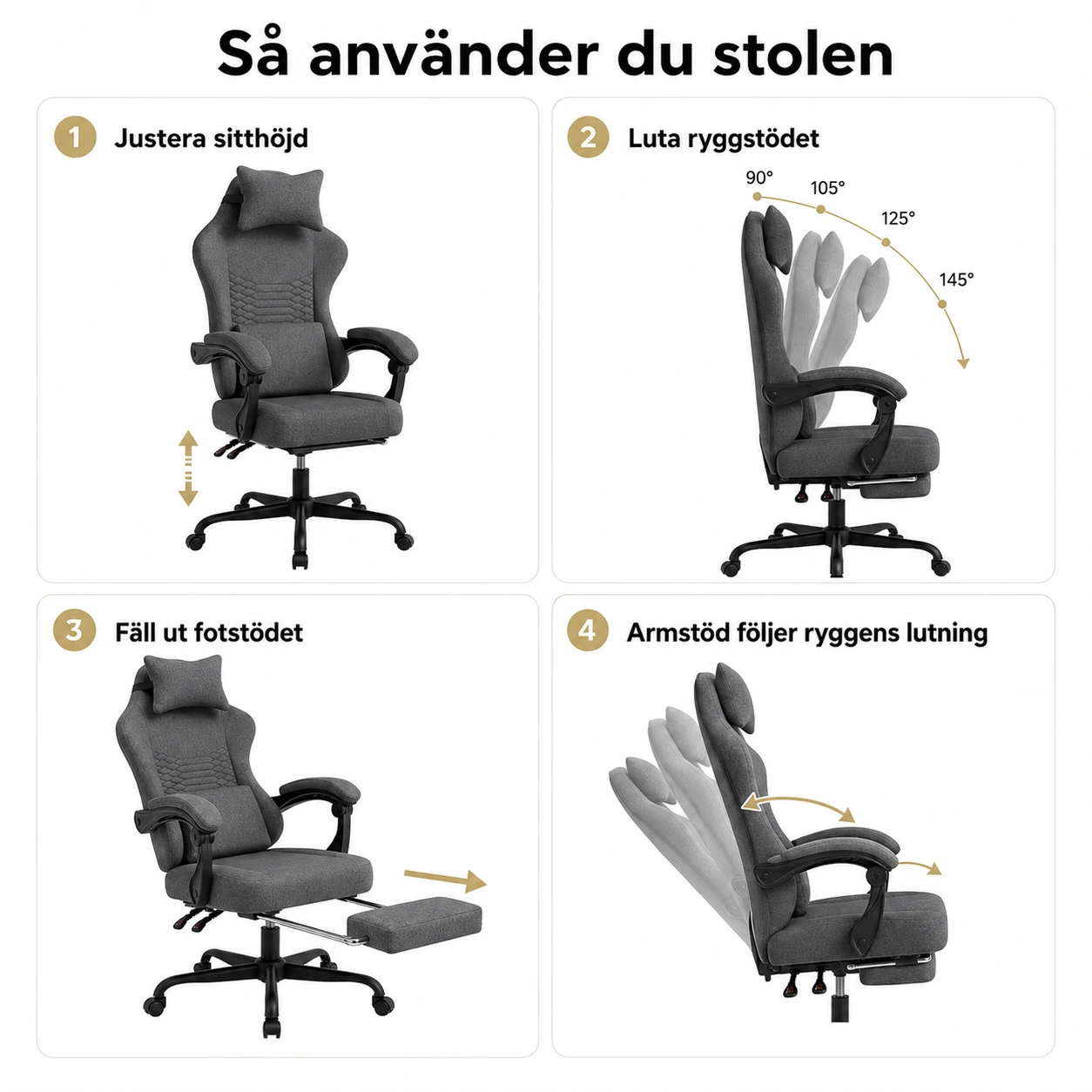 Ergonomisk Datorstol i Tyg med Fotstöd