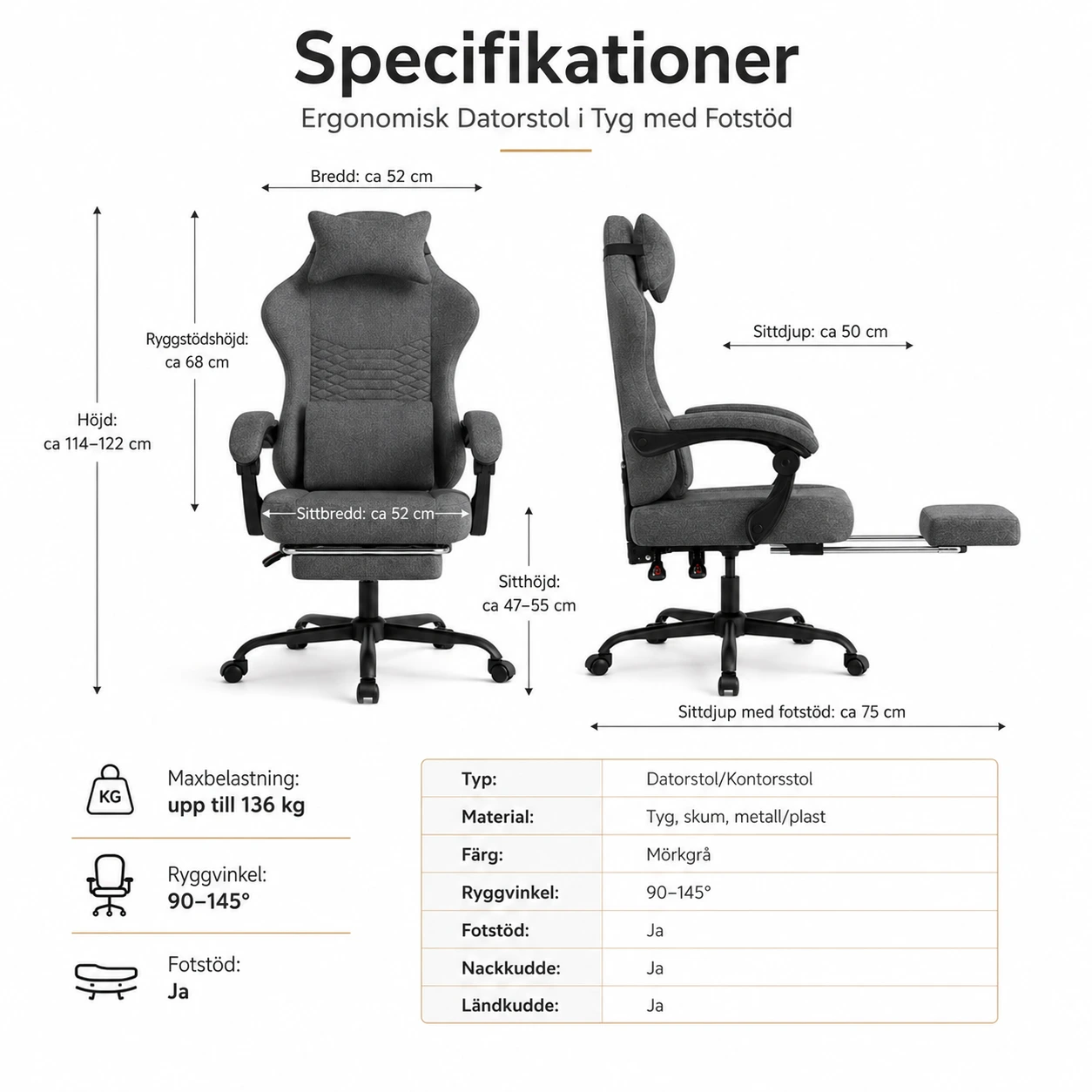 Ergonomisk Datorstol i Tyg med Fotstöd