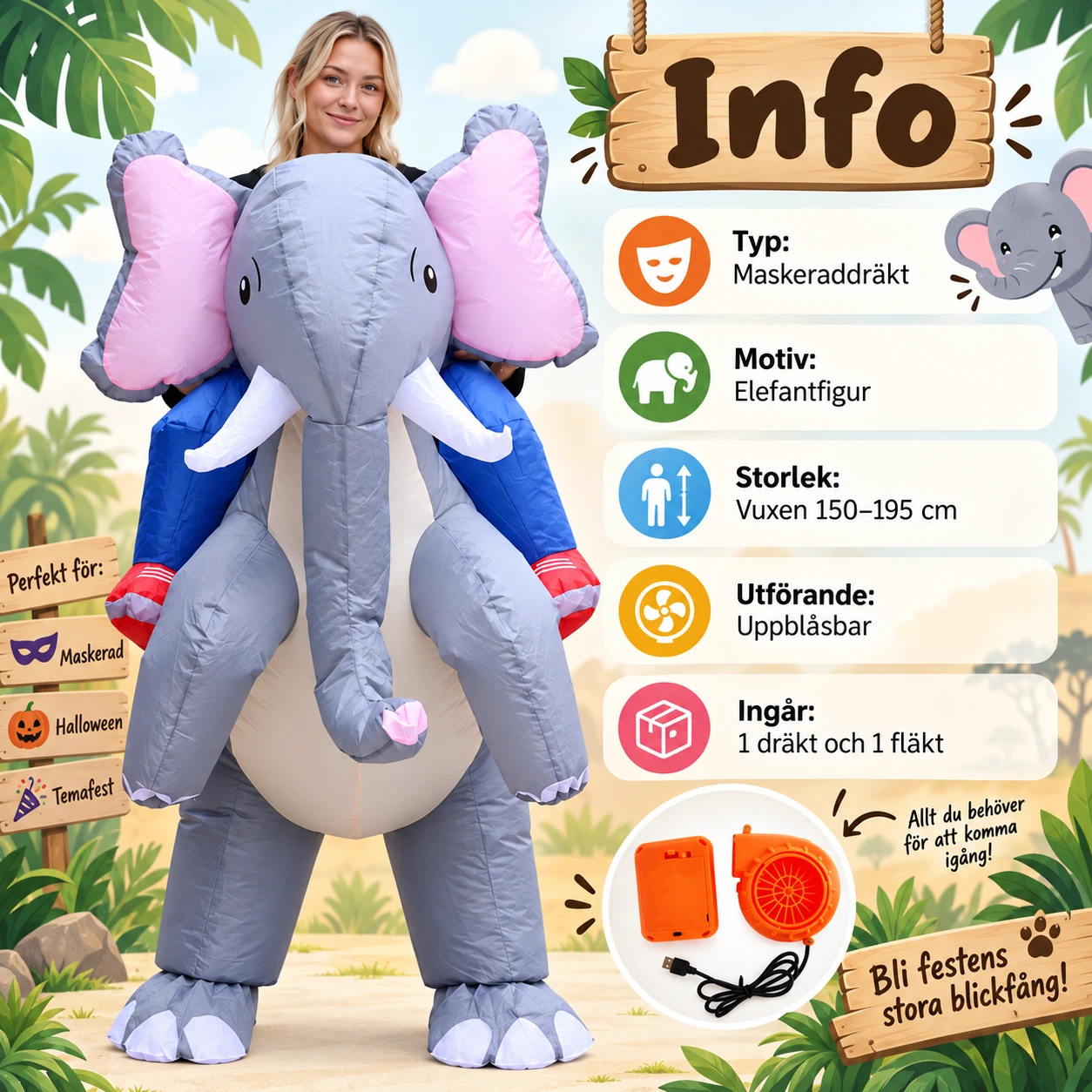Uppblåsbar Elefant Rid Maskeraddräkt för Vuxna