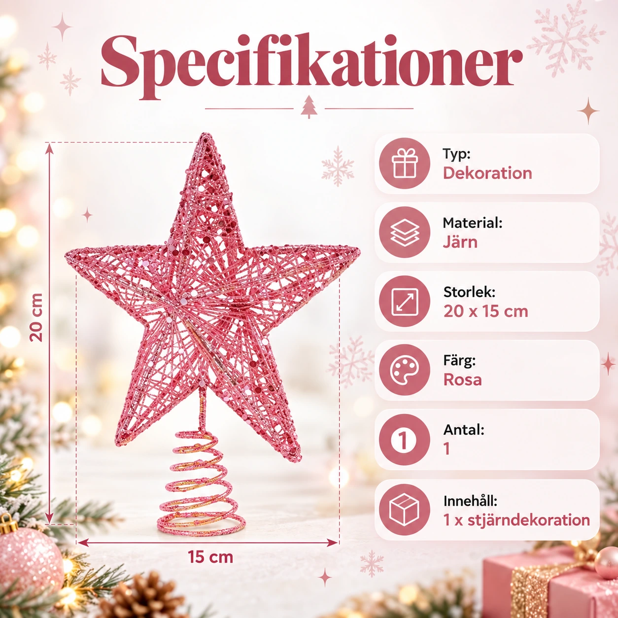 Julgransstjärna för julgran i rosa metall