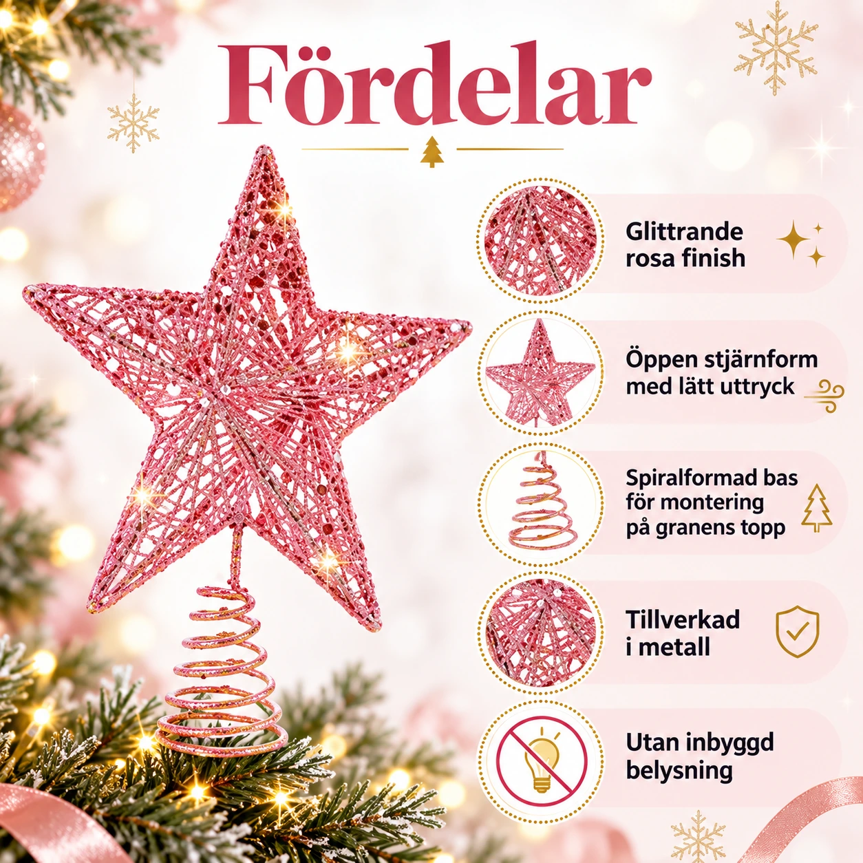Julgransstjärna för julgran i rosa metall
